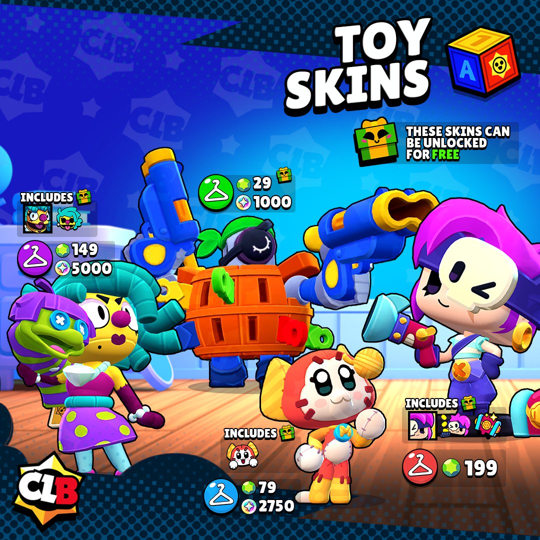 clb_stars's tweet photo. TOY (STORY) SKINS 🧸

Here's the rarity, price and cosmetics of all the Toy skins and Toy story skins! 🎁 ✨

Which one is your favorite?
Tell us below! 👇

#BrawlStars #ToyStory