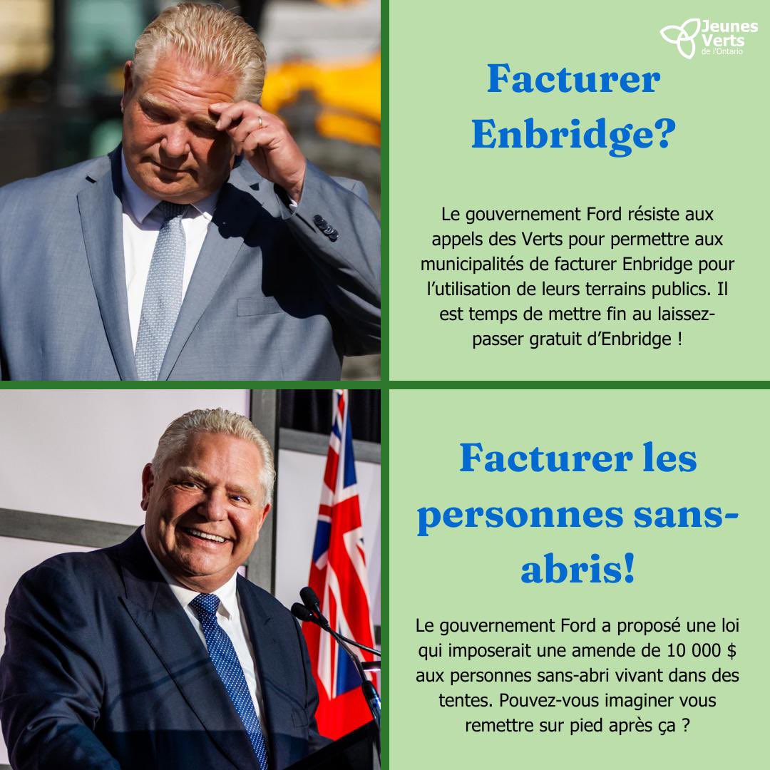 Deux poids, deux mesures ? ⚖️🍃
Alors que le gouvernement Ford résiste à l’idée de faire payer Enbridge pour l’utilisation des terres publiques, il propose de sanctionner les sans-abri de 10 000 $ pour vivre dans des tentes. Est-ce juste ? #verts #soutienauxsansabris #onpoli
