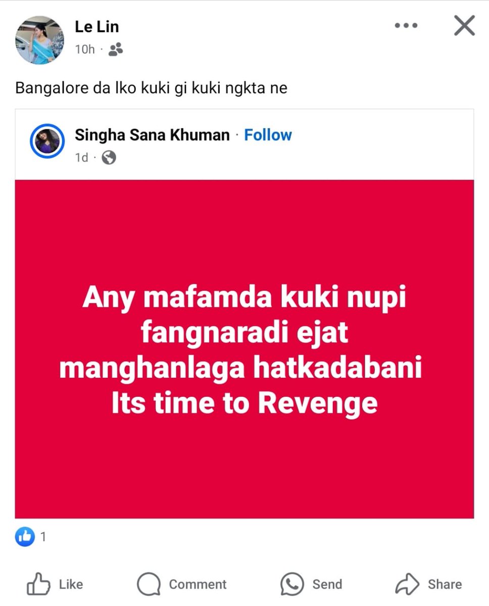 DynastyDoungel's tweet photo. I would like to request @BlrCityPolice @CPBlr to apprehend radicalised Meitei Terrorist who threaten "Any Kuki Women in Bangalore will be rape &amp; killed" by the so call #LeLin #SinghaSanaKhuman in their facebook immediately please. 
We don't want anymore escalation beyond Manipur. https://t.co/aUNKj80a9I