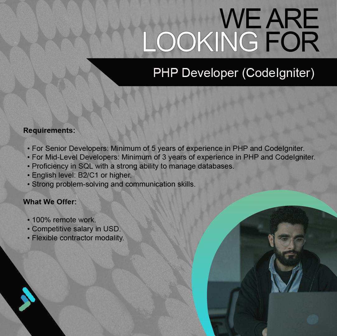 Busco un PHP Dev con experiencia en CodeIgniter!

    Roles Mid (3+ años) &amp; Senior (5+ años)
    100% Remoto 🌎
    Salario en USD como contractor 💵
    Inglés B2/C1 🗣️

Pueden aplicar aquí: careers-page.com/find-job-latam…