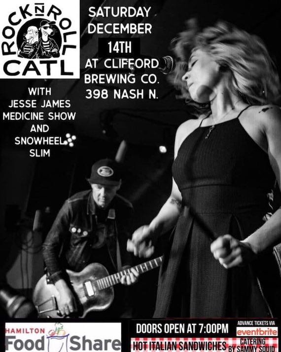 Nuthin' to do in #HamOnt tonight? Why not head over to Clifford Brewing Co. (398 Nash Rd. N) for the Hamilton Food Share Rock 'n' Roll Benefit w/ Catl, Jesse James Medicine Show &amp; SnowHeel Slim starting at 7 pm. Should be a blast! Get tickets here: eventbrite.ca/e/steelore-pre…
