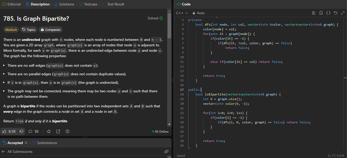jsambhav5's tweet photo. #Day73 of #100DaysOfDSA
Topics and Learnings: #Graph, #BipartiteGraph, #DFS
Problems Solved:
105. #LeetCode #785 : Is Graph Bipartite?
Approach: Used #DepthFirstSearch to solve this
TC: O(V + E)
SC: O(V) https://t.co/vVpeMCbCAG