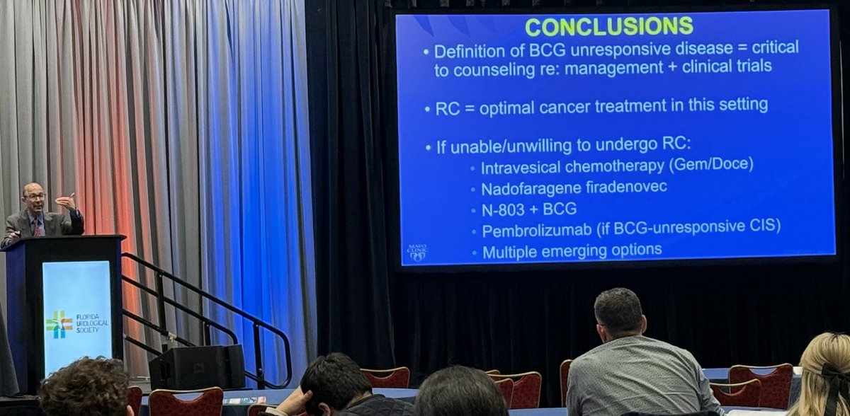 Excellent talk on BCG-unresponsive disease by my residency chairman, Dr. Boorjian:

🔑 Cystectomy = gold standard for medically fit patients

💉 Alternatives: gem/doce, pembrolizumab, nadofaragene, N-803 + BCG

🔑 Exciting emerging therapies on the horizon!