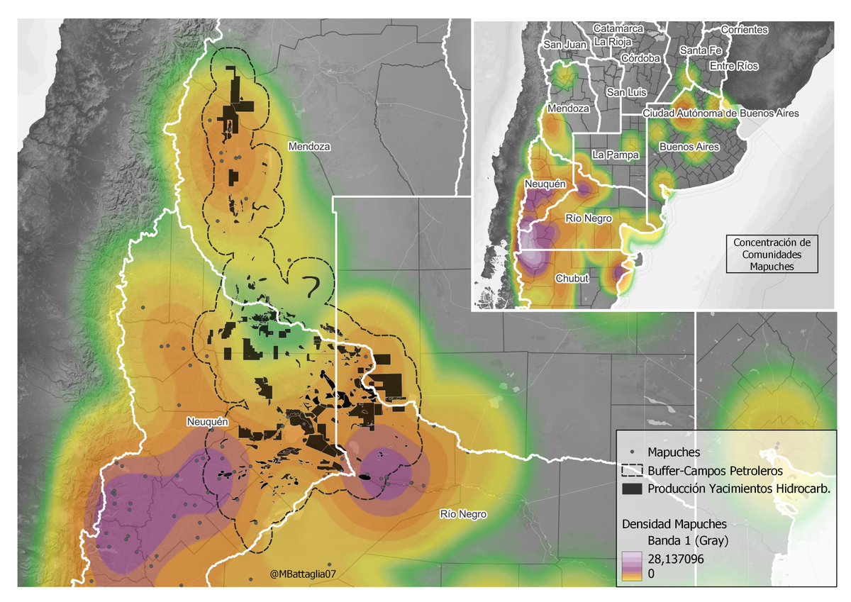 Los incidentes con comunidades Mapuches en las zonas petroleras han ido creciendo 🛢️.
Asique vamos a hacer un hilo para tener una idea más clara de los espacios en tensión. 
▶️Para arrancar, acá podemos ver la distribución de las comunidades Mapuches y campos petroleros.