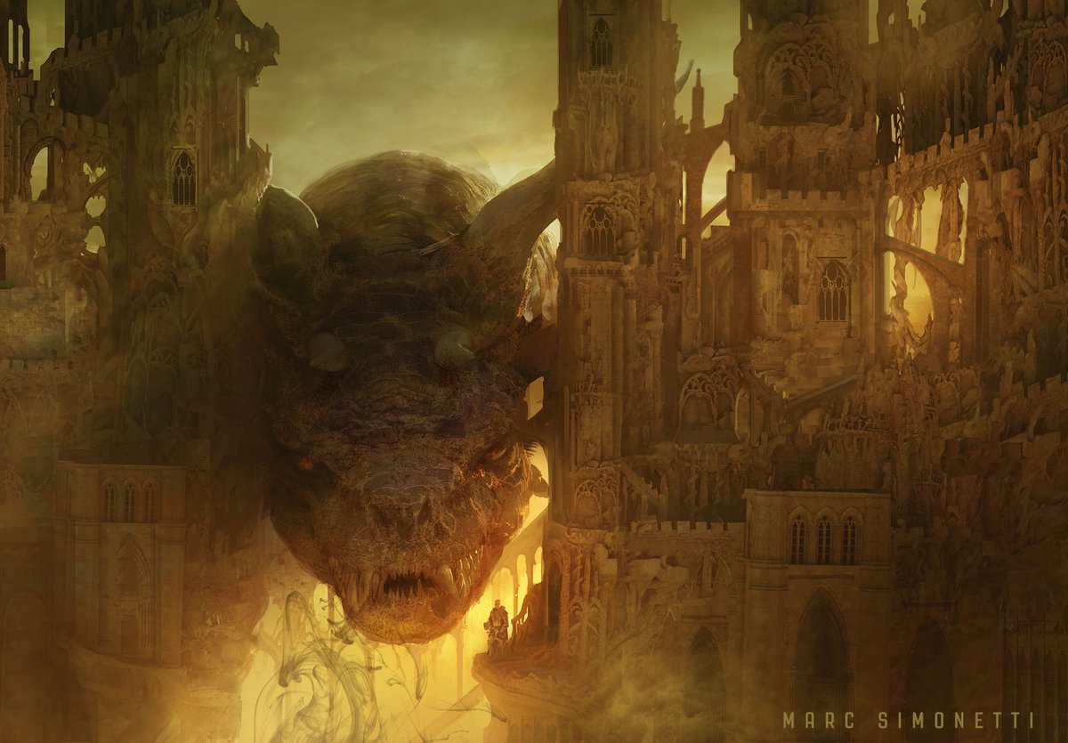 King Maegor Targaryen and Balerion visit Harrenhal by Marc Simonetti