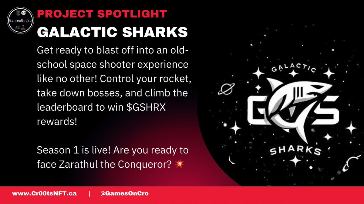 Project Spotlight
Galactic Sharks

Features:

-Power-ups galore: Freeze, Big Boy Bullets, Multi-Fire, &amp; more!
-Leaderboards: Compete &amp; earn $GSHRX rewards!
-Energy System: $CRO to fuel your gameplay.
Big prizes await the top players!

Play now: play.galacticsharks.xyz

#GoC 🕹