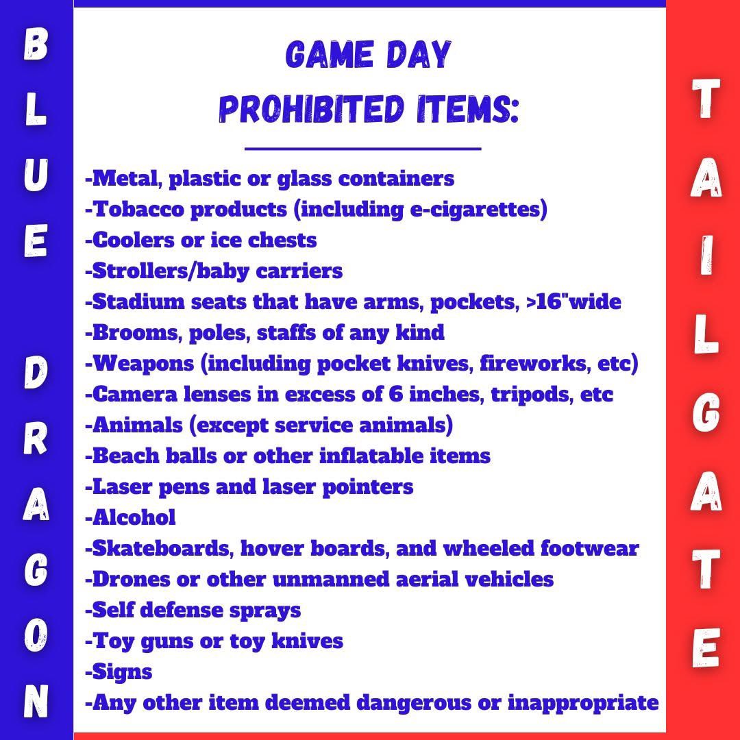 📢 <a href="/BlueDragonsFB/">Hutchinson Blue Dragon Football</a> fans 📢

Headed to Texas? Swing by the tailgate! 

✅ check out map for parking lot location

✅ review Game Day prohibited items- there is NO CLEAR BAG POLICY. Bags, however, may be checked

Excited for some CHAMPIONSHIP football in Texas! 

♥️🏈💙