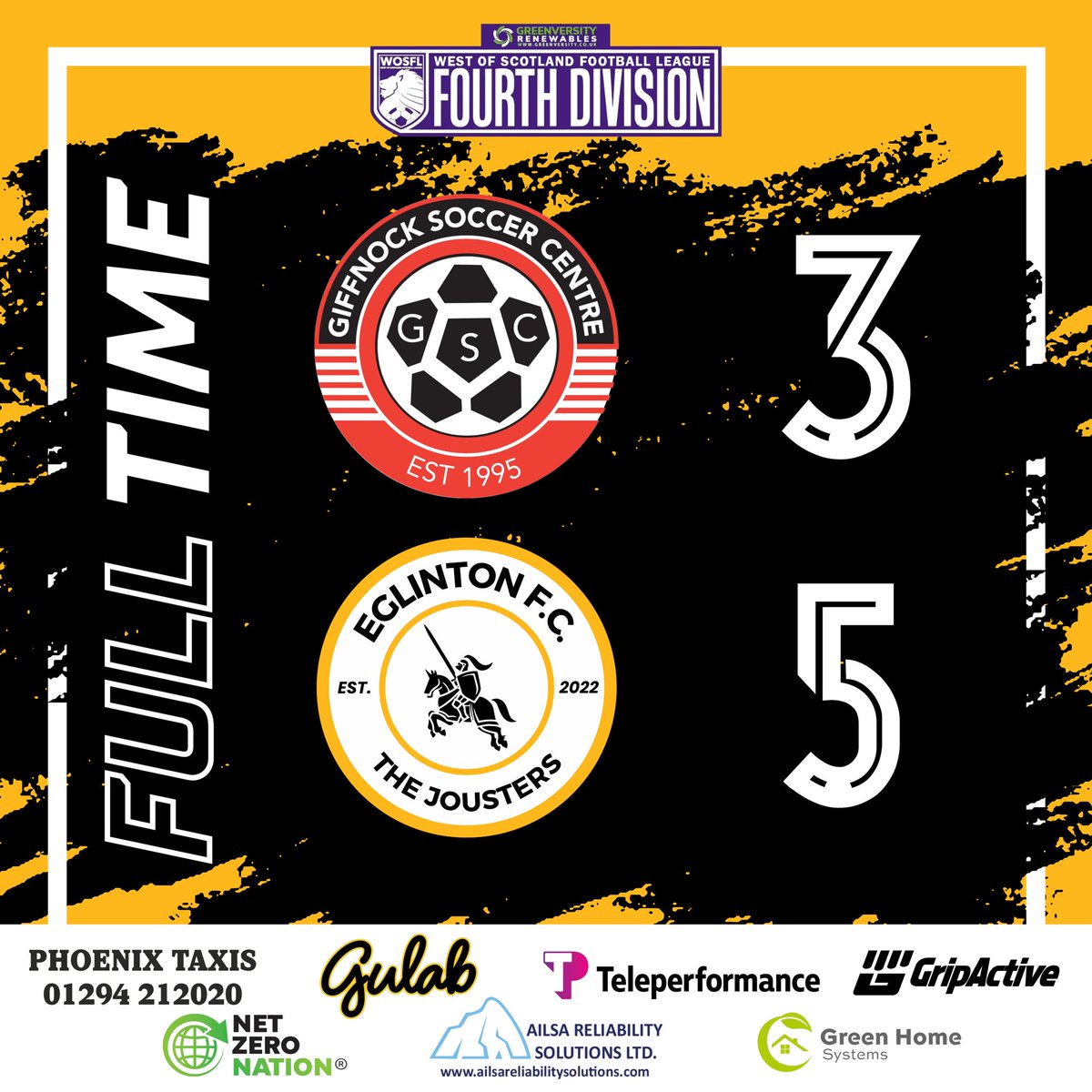 Full Time at Eastwood Park. 

5-star Jousters seal 3 points on our return to league action. 

Giffnock found themselves 2-0 up after 20 minutes but Liam Davis struck back after 28 minutes following up a saved penalty to slot home. 

Jack McAlpine got us level on 43 minutes after