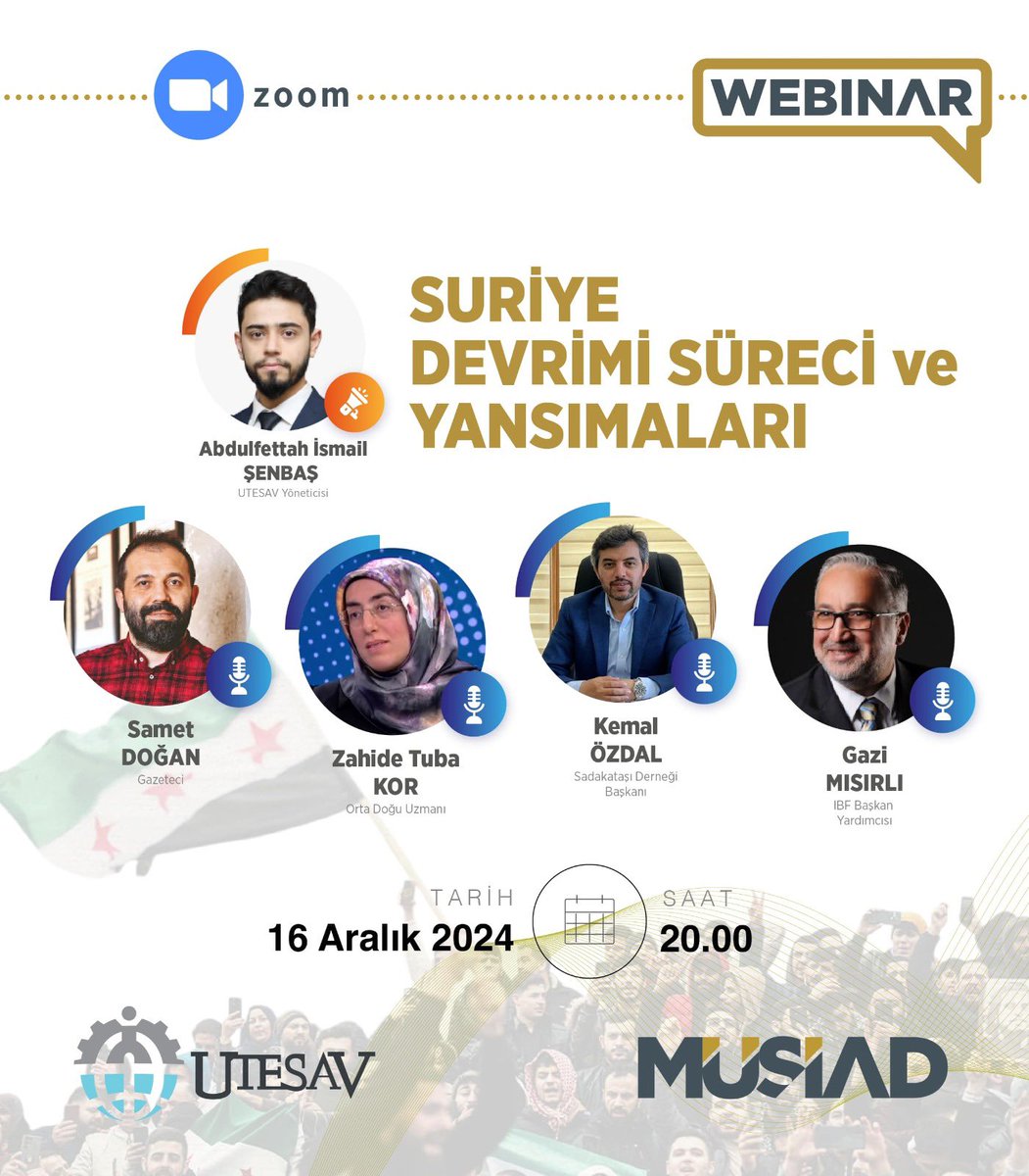 MUSIAD's tweet photo. MÜSİAD ve UTESAV ortaklığıyla gerçekleşecek olan Suriye Devrimi Süreci ve Yansımaları başlıklı webinar programı, 16 Aralık Pazartesi günü saat 20:00’de MÜSİAD TV Youtube kanalından canlı olarak yayınlanacak.

🔗https://t.co/sdqaPNXp70