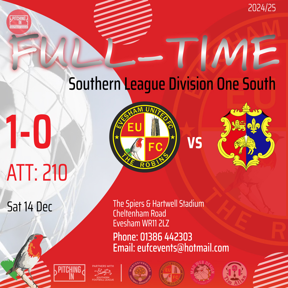 🗣️ ⏱️90’+6 FT 9 men grab a hard 3 important points

⚽️<a href="/EveshamUnitedFC/">Evesham United FC</a> 1-0 <a href="/tafclambs/">Tavistock AFC</a>
(Barlow 19')
Att: 210 

📆Sat 14 Dec🏆<a href="/SouthernLeague1/">The Pitching In Southern Football League</a>

🔴⚪️#TheRobins