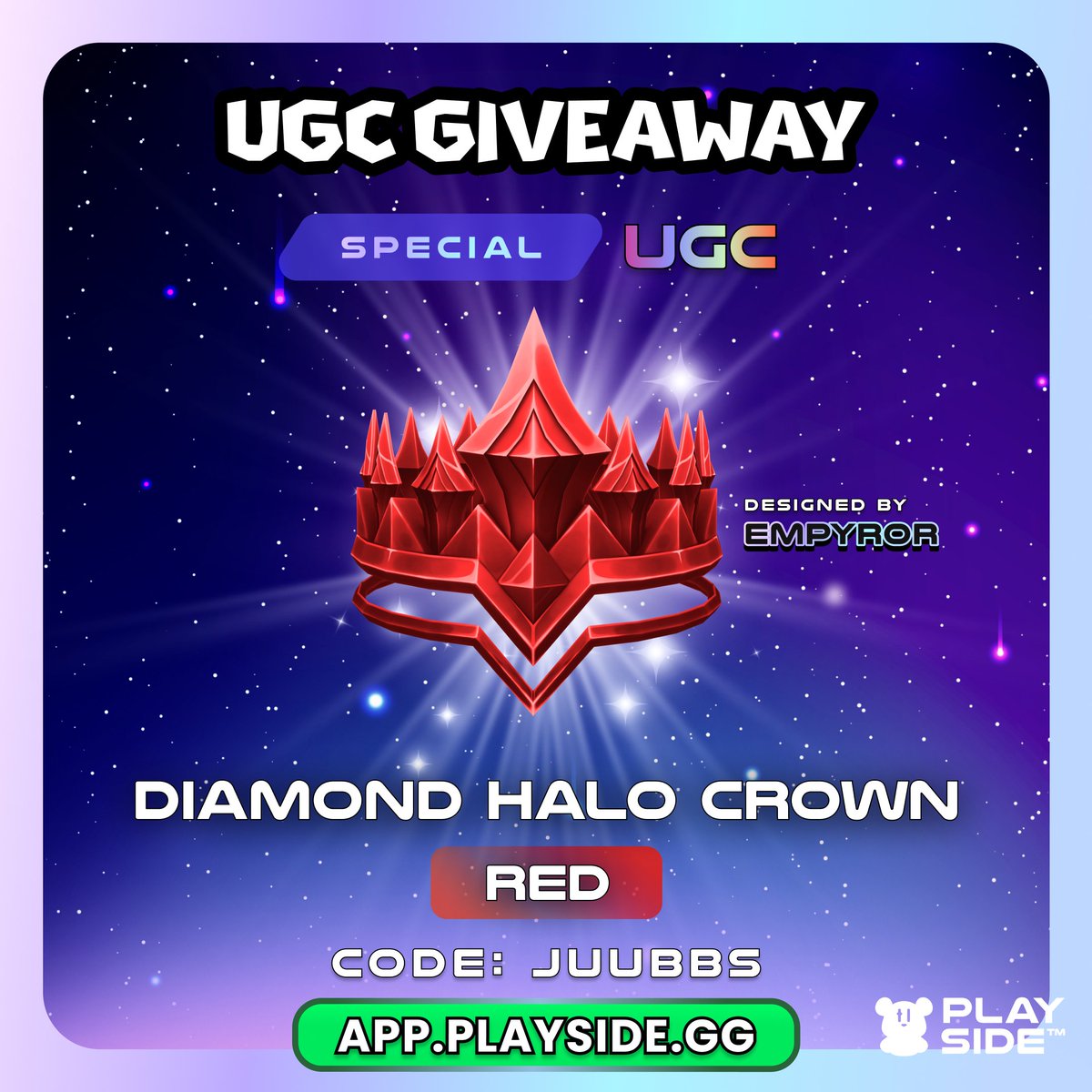 👑New UGC Giveaway from
<a href="/PLAYSIDEgg/">PLAYSIDE | Roblox Drops</a>

Enter to win the Diamond Halo Crown Limited UGC!

1. Follow, Like, RT
2. Join the giveaway quest on app.playside.gg
3. Enter my code JUUBBS

3 winners chosen in 72 hours! Good Lucky! #UGCgiveaway 🍀