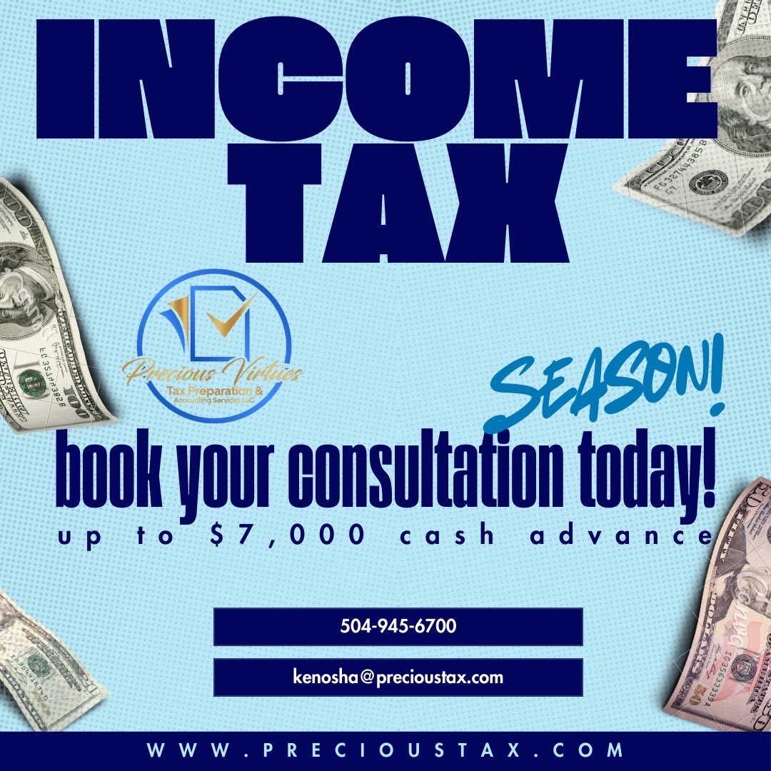 Kenoshacperry's tweet photo. 🚨 New Year, New Financial Boost! 🚨

Starting January 2nd, Precious Virtues Tax Prepration &amp; Accounting Services, LLC is offering fast cash advance loans up to $7,000 to help you kickstart your year! 💰

✅ Quick &amp; easy approval
✅ No hidden fees
✅ Flexible repayment options https://t.co/uMyIT0Xa2N