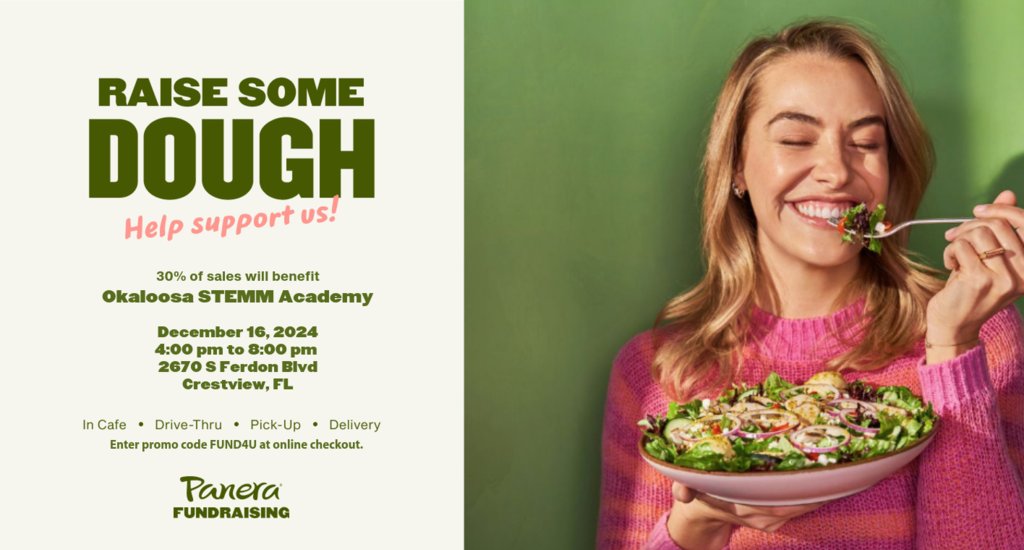 Fundraiser night December 16 at Panera from 4:00-8:00 in Crestview only. 30% goes to STEMM. Enter promo code FUND4U at online checkout or show the flyer in the store.