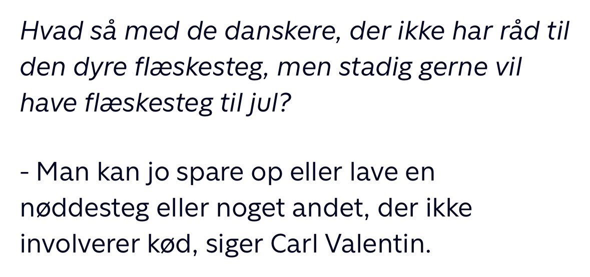 msaebye's tweet image. Hvor arrogant og elitært! @Carl__Valentin og @SFpolitik mener flæskestegen skal være meget dyrere. Dem der ikke råd til flæskestegen, må spises af med nøddesteg til jul siger de. Hamrende skævt! Ikke fair at omstille grønt ved at tage fra dem der har mindst! #dkpol #dkgreen