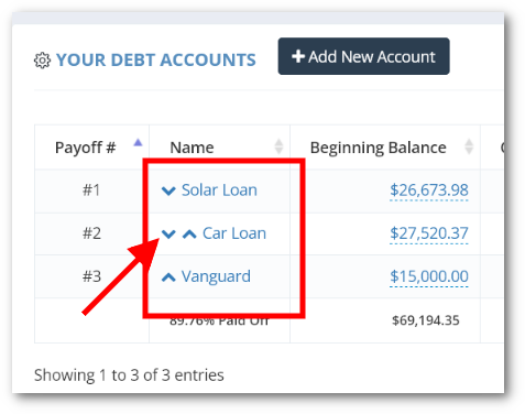 undebt_it's tweet photo. I can't believe that forgot to mention my favorite part of the new Debt Planner page, the custom payoff order quick change arrows. Easily move the payoff order of your accounts with the up/down arrows. Note that these only show up if you use the custom payoff method. https://t.co/Pfp8E1DfdQ