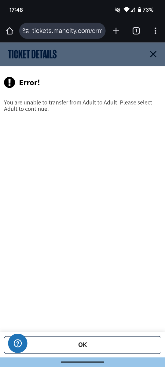 chezzab11's tweet photo. @ManCityHelp is there issues with the ticket transfer service please? Me and my mum are trying to transfer her ticket for tomorrow to a linked friends &amp; family individual and it's not working, see screenshot. I am selecting adult and it's not having it, any ideas please? https://t.co/E63vQb4kfv