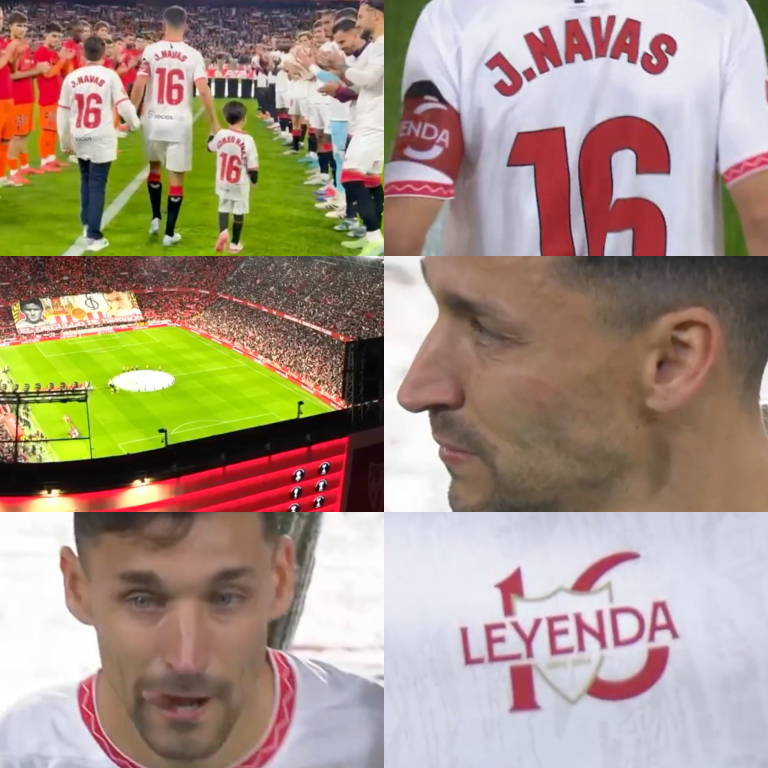 InvictosSomos's tweet photo. A los 39 años de edad, en su verdadera casa, acompañado de sus hijos, portando el gafete de capitán, siendo titular, jugando un partido de Liga y recibiendo un homenaje espectacular. Así fue la DESPEDIDA de Jesús Navas en el Ramón Sánchez Pizjuán. El adiós del jugador que lo ganó absolutamente todo con la Selección de España (campeón del mundo, bicampeón de Europa y campeón de la Nations League). Y pilar en la época dorada del club de sus amores. Honor a una leyenda total del fútbol mundial. GRACIAS POR TODO, NAVAS.