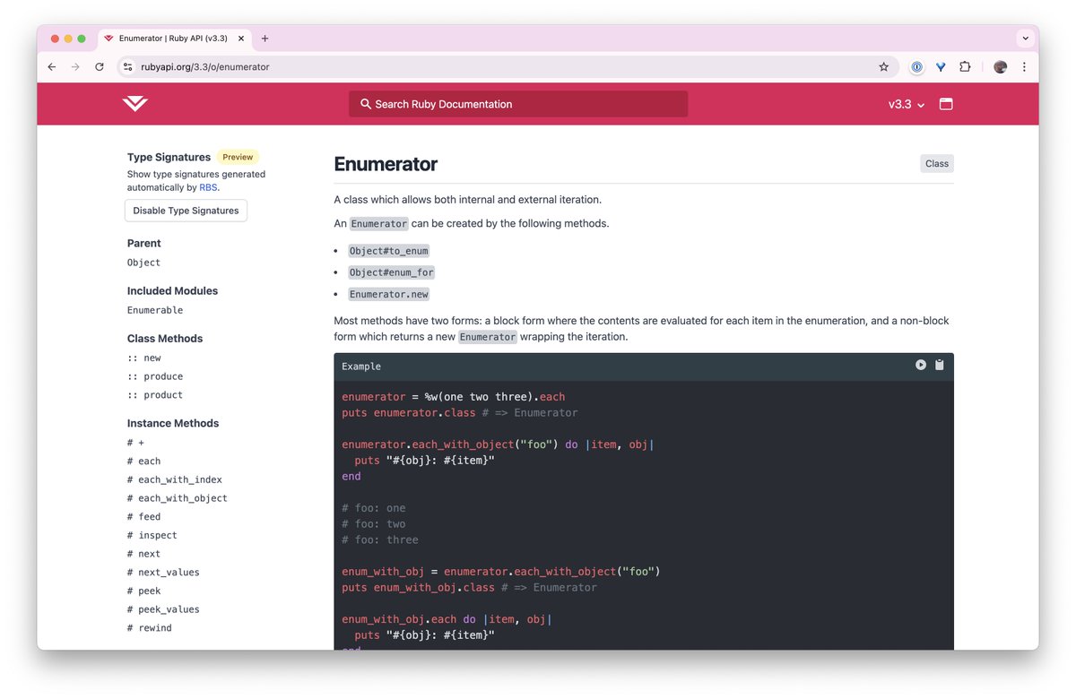 The new Ruby docs are looking great. The search feature is fast. New experimental features appear to be in the works too, like type signatures and runnable code examples.

Awesome stuff!
