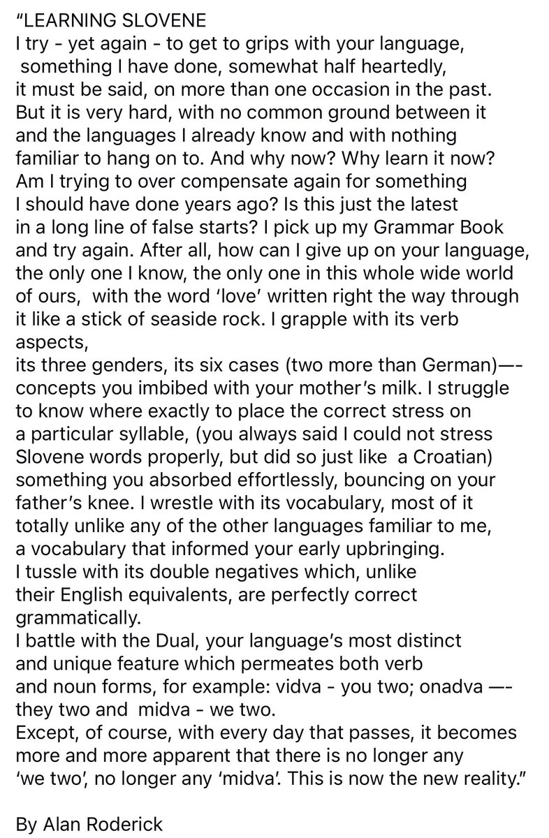 It’s my honour to share this great❤️ poem by <a href="/RoderickAlan2/">Alan Roderick</a> 

Learning #Slovene: a poignant struggle with grammar, cases, and the haunting beauty of the dual form. A language of love, yet no ‘we two’ remains. A journey of loss and longing, written in every syllable.💔 
<a href="/UCLSSEES/">UCL School of Slavonic & East European Studies</a>