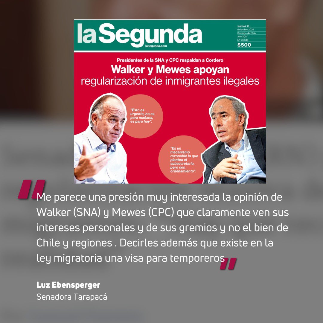 Luzebensperger's tweet photo. Me parece una presión muy interesada la opinión de Walker (SNA) y Mewes (CPC) que claramente ven sus intereses personales y de sus gremios y no el bien de Chile y regiones . Decirles además que existe en la ley migratoria una visa para temporeros.
Ojalá antes de opinar recorrieran el país, al menos Colchane, Alto Hospicio e Iquique. Opinar desde una oficina, sin conocer la realidad en terreno, demuestra una liviandad e irresponsabilidad que los tarapaqueños y los chilenos no merecen. 

La migración ilegal destruye la seguridad, la salud, la educación y los empleos de la región, y sobre todo porque el crimen organizado se fortalece cuando el ingreso clandestino se naturaliza.

-
#senadoraebensperger #tarpacá #migración