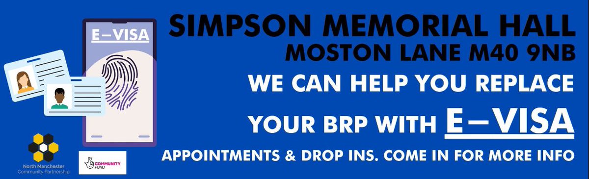 Need help replacing your BRP with an e-Visa? Visit us at Simpson Memorial Hall, Moston Lane, M40 9NB. Appointments &amp; drop-ins available. Get the support you need #Moston #eVisa