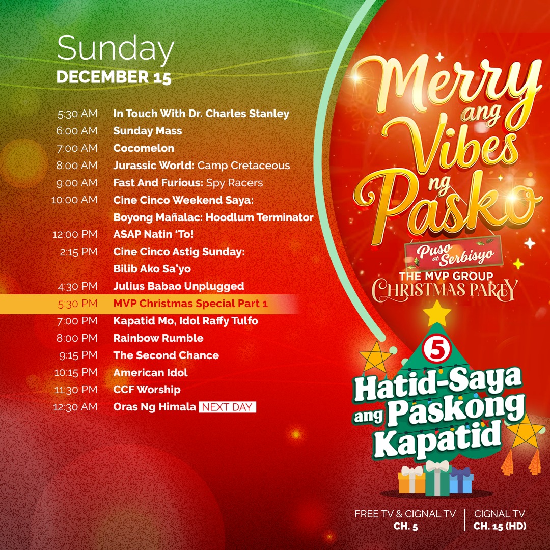 ralphierce's tweet image. TV5 schedule update:

#FrontlineWeekend has been preempted for the MVP Group Christmas Party/Benefit Concert both tonight and next week. Also preempted is the sitcom #DaPersFamily.
