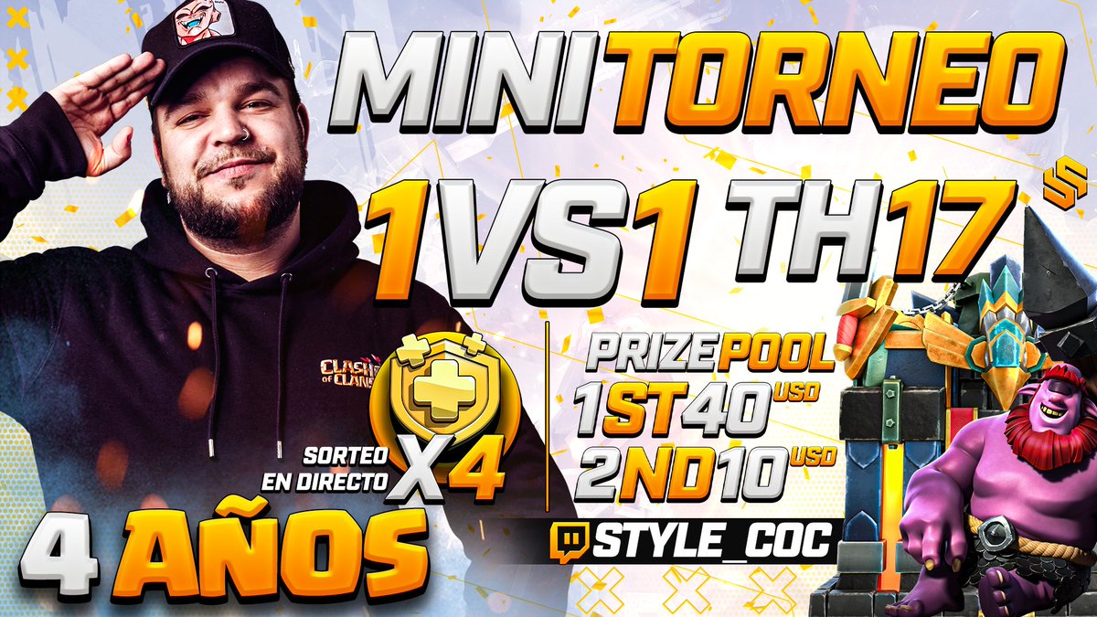D O M I N G O ! 🥳

Mañana es un Día muy especial para mi. Cumplo 4 Años retransmitiendo en Twitch! 🥰

🏆 Minitorneo TH17 - 1vs1
✅ Normas en directo
💰 50$ en PREMIOS
🎁 Sorteo de 4 Pases de Oro en el Stream

Además me disfrazaré de una tropa del juego, os va a encantar! 😝