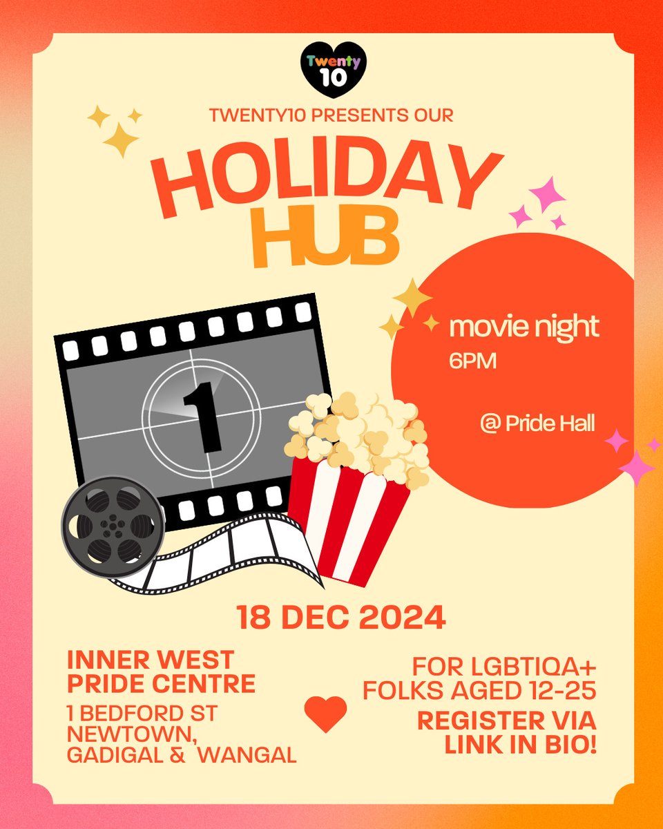 🎁Holiday Hub - Movie Night THIS WED 18 DEC🎁

WHERE: Twenty10 @ Inner West Pride Centre
WHEN: 18 DEC 2024

🍿 Register at: tinyurl.com/4st8khyj)