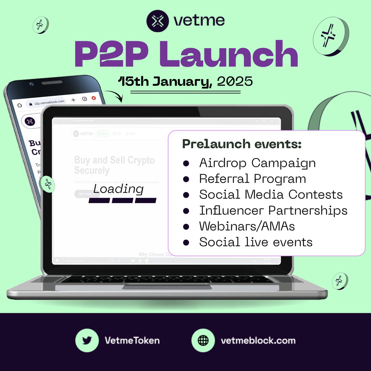 🚀 Exciting News!

We’re thrilled to announce that $VetMe P2P will officially launch on January 15, 2025!

In the weeks leading up to the launch, we have several pre-launch events planned to get everyone ready:
💼 Airdrop Campaign – Merchants can onboard early, meet a set