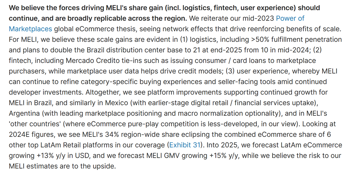 EricJhonsa's tweet photo. Morgan Stanley estimates $MELI now has a 34% LatAm e-commerce share and a 40%+ Brazilian e-commerce share. https://t.co/HMabCEq1rb
