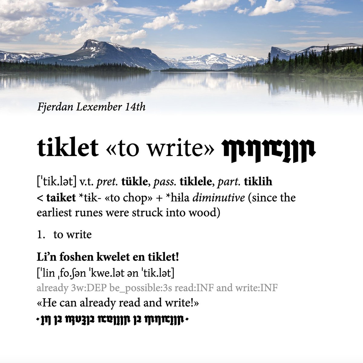 #Fjerdan #Lexember 14th: tiklet «to write», derived from the diminutive of taiket «to chop»

#SixOfCrowsSpinoff