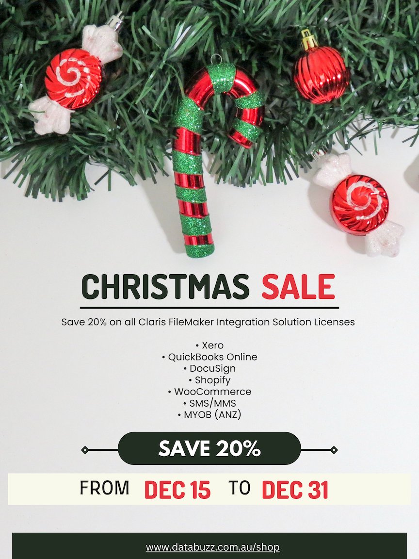 databuzz's tweet image. The Databuzz End of Year Xmas Sale is now on - all Product Licenses are now 20% off until December 31, 2024 (AEDT).

Use the coupon XMAS2024 at checkout:

databuzz.com.au/databuzz-2024-…

#Claris #FileMaker #Xero #QuickBooksOnline #WooCommerce #Shopify #DocuSign #fmSMS #fmMMS #MYOB