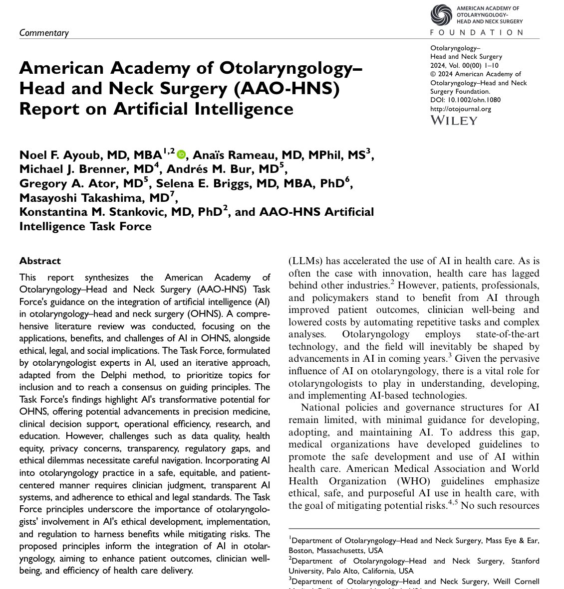 otohns's tweet image. First consensus statement regarding Otolaryngology and Artificial Intelligence (AI) from the Academy (AAO-HNS) AI Task Force.

…-hnsfjournals.onlinelibrary.wiley.com/doi/10.1002/oh…