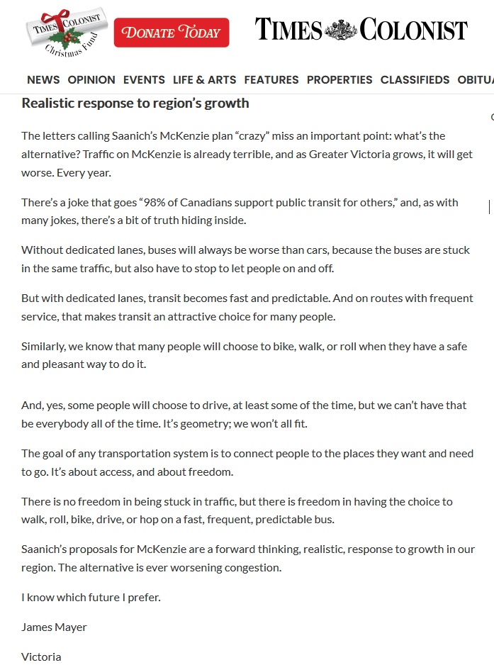 Great letter in TC by James Mayer "With dedicated lanes, transit becomes  fast and predictable. And on routes with frequent service, that makes  transit an attractive choice for many people" timescolonist.com/opinion/letter… #yyj #yyjpoli #yyjbike