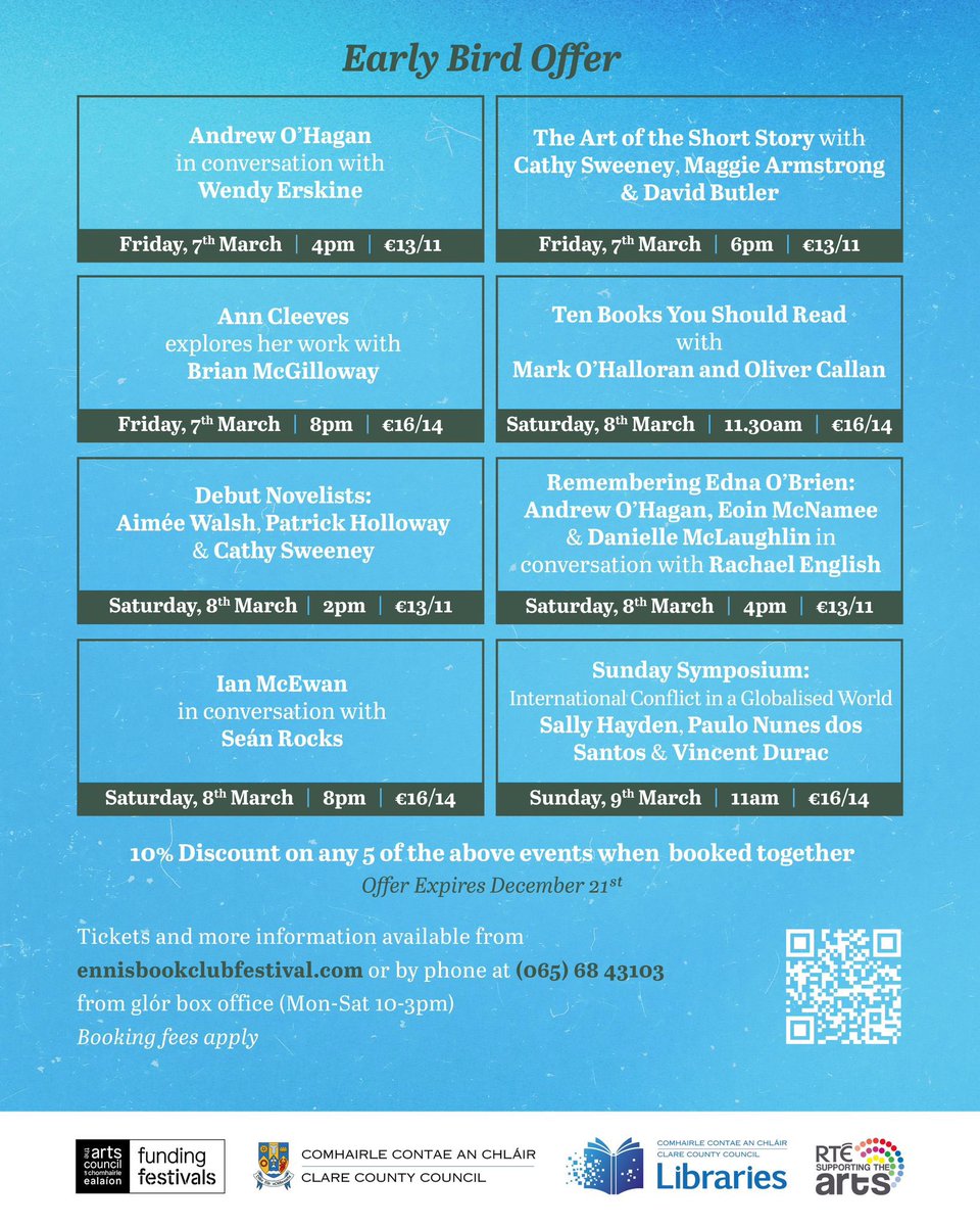 Martina Durac (@martinadox) on Twitter photo Early bird tickets on sale for Ennis Book Club Festival now. Get booking. We’re so pleased to invite these wonderful writers to Ennis in March next year. <a href="/ebcf/">📚 Ennis Book Club Festival | March 7-9 2025 📚</a> <a href="/ClareCoCo/">Clare County Council</a> <a href="/ClareTourism/">VisitClare</a> <a href="/IrishWritersCtr/">Irish Writers Centre</a> <a href="/IrishTimesCultr/">Irish Times Culture</a> <a href="/IrishTimesBooks/">Irish Times Books</a> #WritingCommunity #writerslife #irishwriters Early bird tickets on sale for Ennis Book Club Festival now. Get booking. We’re so pleased to invite these wonderful writers to Ennis in March next year. <a href="/ebcf/">📚 Ennis Book Club Festival | March 7-9 2025 📚</a> <a href="/ClareCoCo/">Clare County Council</a> <a href="/ClareTourism/">VisitClare</a> <a href="/IrishWritersCtr/">Irish Writers Centre</a> <a href="/IrishTimesCultr/">Irish Times Culture</a> <a href="/IrishTimesBooks/">Irish Times Books</a> #WritingCommunity #writerslife #irishwriters