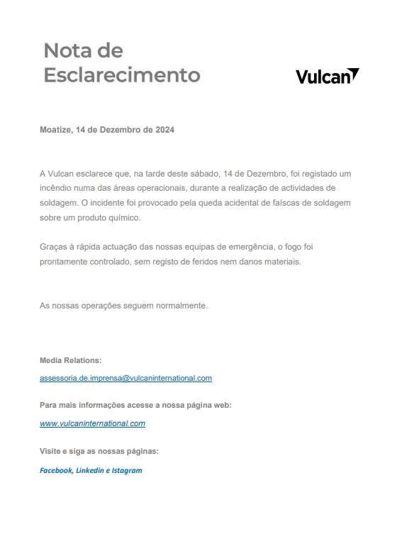 Muianga's tweet photo. Incêndio controlado na Vulcan sem feridos ou danos
A #Vulcan que opera mina de carvão em #Moatize Província de #Tete, informou que um incêndio ocorrido numa área operacional foi prontamente controlado pelas equipas de emergência. Não houve feridos nem danos materiais, e as operações seguem normalmente.