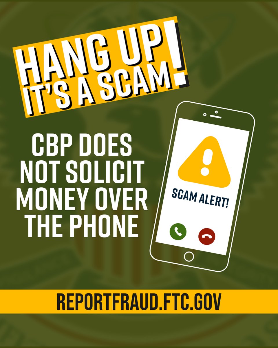 Beware of telephone scammers posing as CBP officers and Border Patrol agents seeking information. Scammers are contacting citizens threatening that law enforcement is on the way or promising money for information. Learn more here: go.dhs.gov/UsT