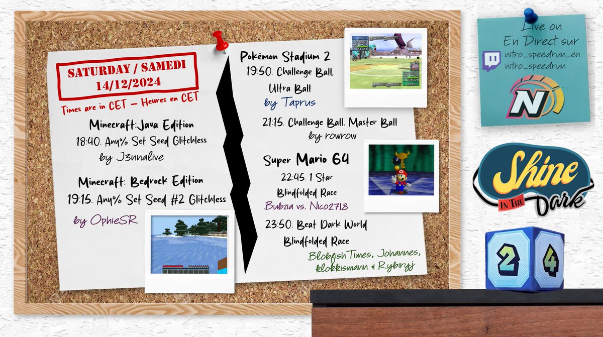 Civel_'s tweet image. Shine in the Dark, le marathon à l’aveugle est lancé et en cours ! Dont voici le planning ❤️

The blindfolded marathon Shine in the Dark has already started and today greats runs are expected ❤️

Live on/En direct sur twitch.tv/nitro_speedrun 👍