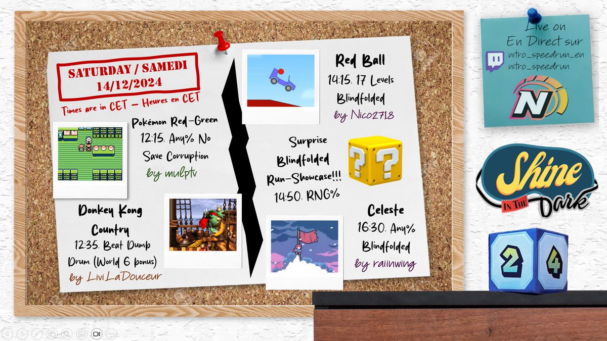 Civel_'s tweet image. Shine in the Dark, le marathon à l’aveugle est lancé et en cours ! Dont voici le planning ❤️

The blindfolded marathon Shine in the Dark has already started and today greats runs are expected ❤️

Live on/En direct sur twitch.tv/nitro_speedrun 👍