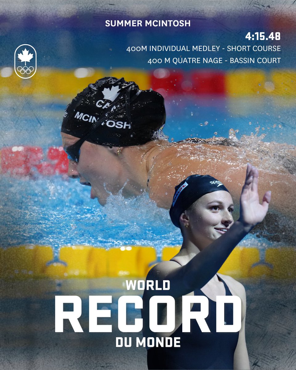 TRIPLE CROWN! 👑 Summer McIntosh smashes the 400m IM world record with a time of 4:15.48—her 3rd world record and 3rd gold in Budapest! 🔥🏊‍♀️ #TeamCanada