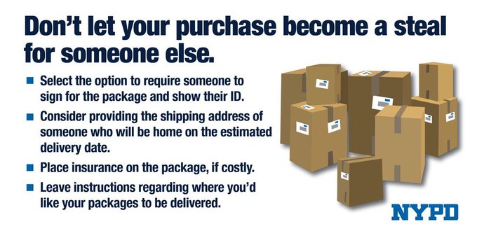NYPD84Pct's tweet image. 🚨 Don’t let package theft ruin your holiday spirit! 🎁🚫 Take steps to protect your deliveries and be safe this season. #PackageTheft #HolidaySafety