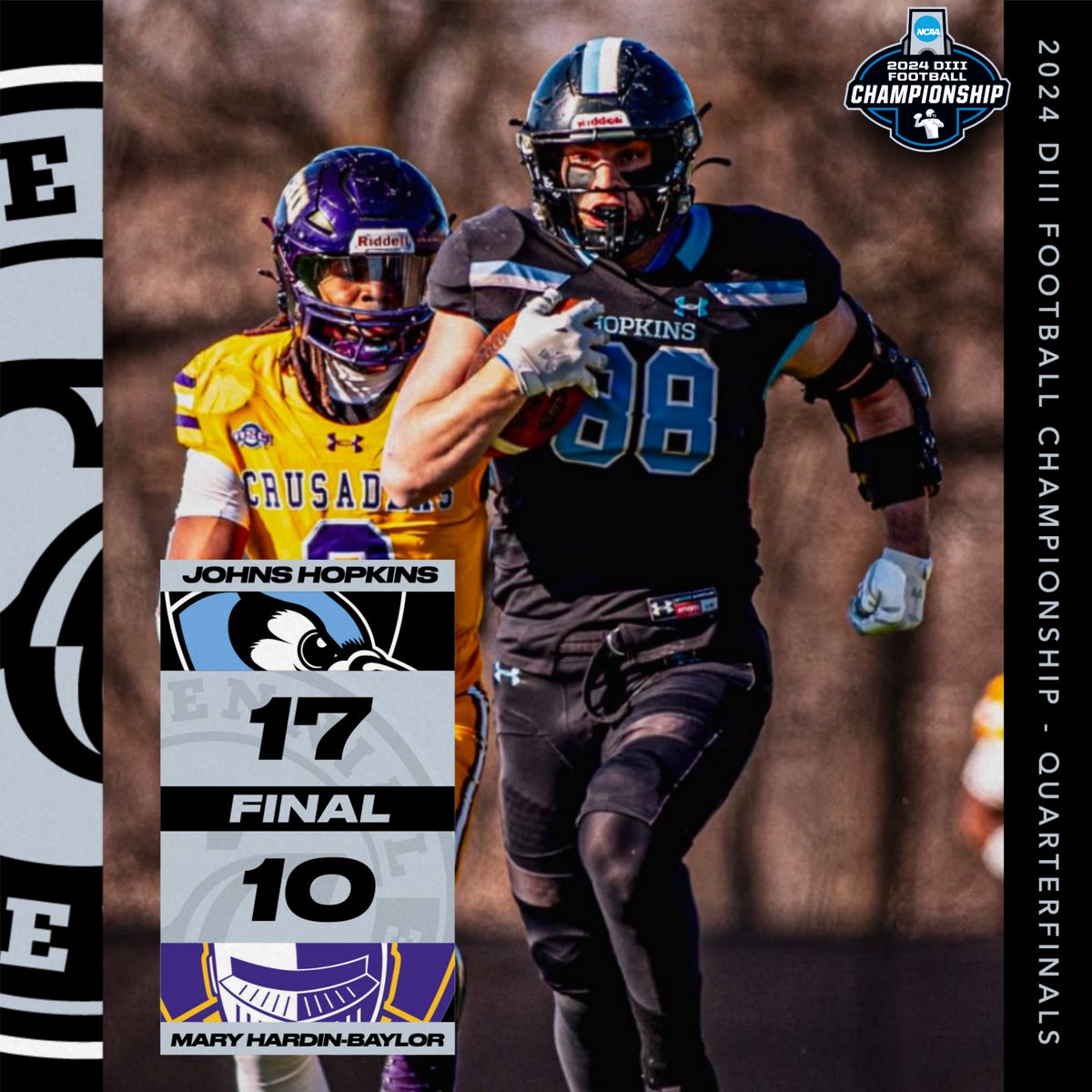 FB | NCAA ELITE 8️⃣

FINAL: <a href="/JHU_Football/">Johns Hopkins Football</a> 17, Mary Hardin-Baylor 10 

The Blue Jays are returning to the NCAA Division III Football Semifinals for the first time since 2018!

Up next: The winner of the Mount Union/Salisbury game on Saturday, December 21.

#CentConf #CCfb #d3fb