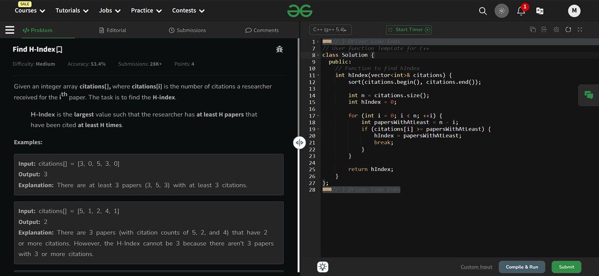 Monikanchan13's tweet photo. ✅ Day 23 of #geekstreak2024 completed!
Solved the "Find H-Index" problem on @geeksforgeeks. 🖥️
Excited to continue this streak and improve my coding skills! 🎯
Let's keep going! 🚀 #GFG160 https://t.co/XCCJRdsVdH