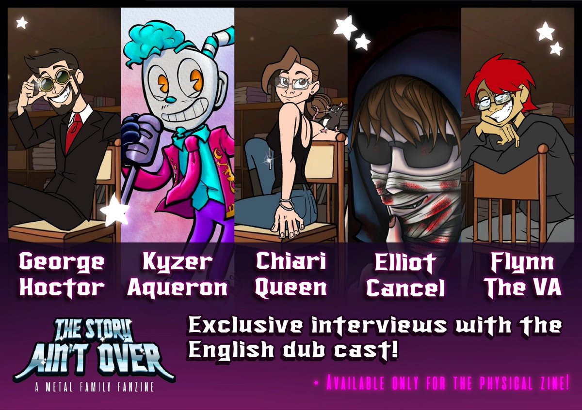 MetalFanzine's tweet photo. ★ Meet some of our special guests who are featured in the #MetalFamilyFanzine ! We got exclusive interviews with the official cast for the English Dub! 

@georgehoctor404
@KyzerAqueron
@_ChiariQueen
@CreepyElliot
@FlynntheVA

*Only available for the physical release. https://t.co/QaJCA1rluE