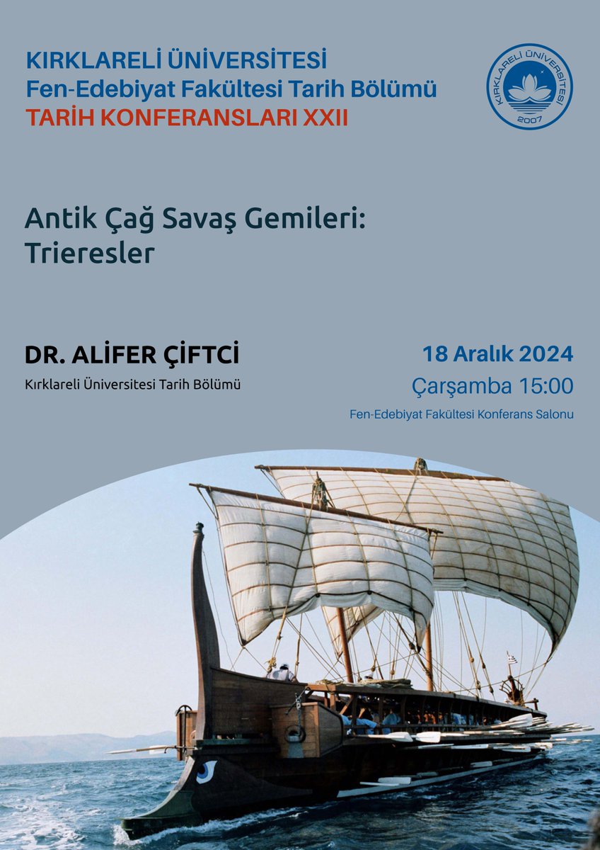 "Tarih Konferansları" serisinin yirmi ikincisinde öğretim üyelerimizden Dr. Öğr. Üyesi Alifer Çiftci'yi ağırlıyoruz. İlgilileri bekleriz.

Detaylar ⬇️
tarih.klu.edu.tr/Sayfalar/35023…