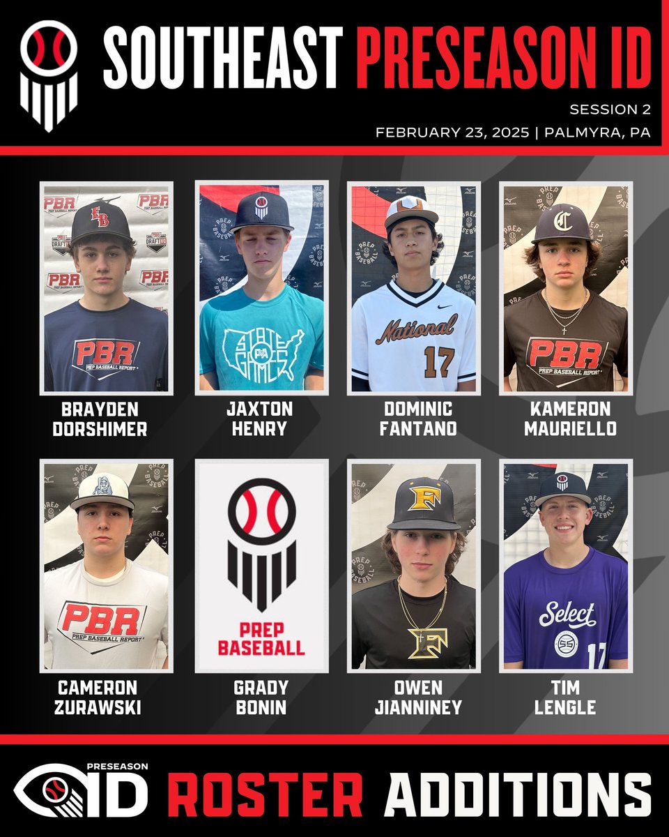 Prep Baseball Pennsylvania (@prepbaseballpa) on Twitter photo Please welcome the following players to our Southeast (session 2) Preseason ID event.
📅Feb 23, 2025
📍Palmyra, PA (In the Net)
🙋♂️ 2026-2028 grads
Register ➡️ loom.ly/_XYA9-g
Who's next ‼️Spots are selling out fast, REALLY fast 💯
<a href="/TimLengle/">Tim Lengle</a> <a href="/grady_bonin/">Grady Bonin</a> <a href="/KamMauriello2/">Kam Mauriello</a> Please welcome the following players to our Southeast (session 2) Preseason ID event.
📅Feb 23, 2025
📍Palmyra, PA (In the Net)
🙋♂️ 2026-2028 grads
Register ➡️ loom.ly/_XYA9-g
Who's next ‼️Spots are selling out fast, REALLY fast 💯
<a href="/TimLengle/">Tim Lengle</a> <a href="/grady_bonin/">Grady Bonin</a> <a href="/KamMauriello2/">Kam Mauriello</a>
