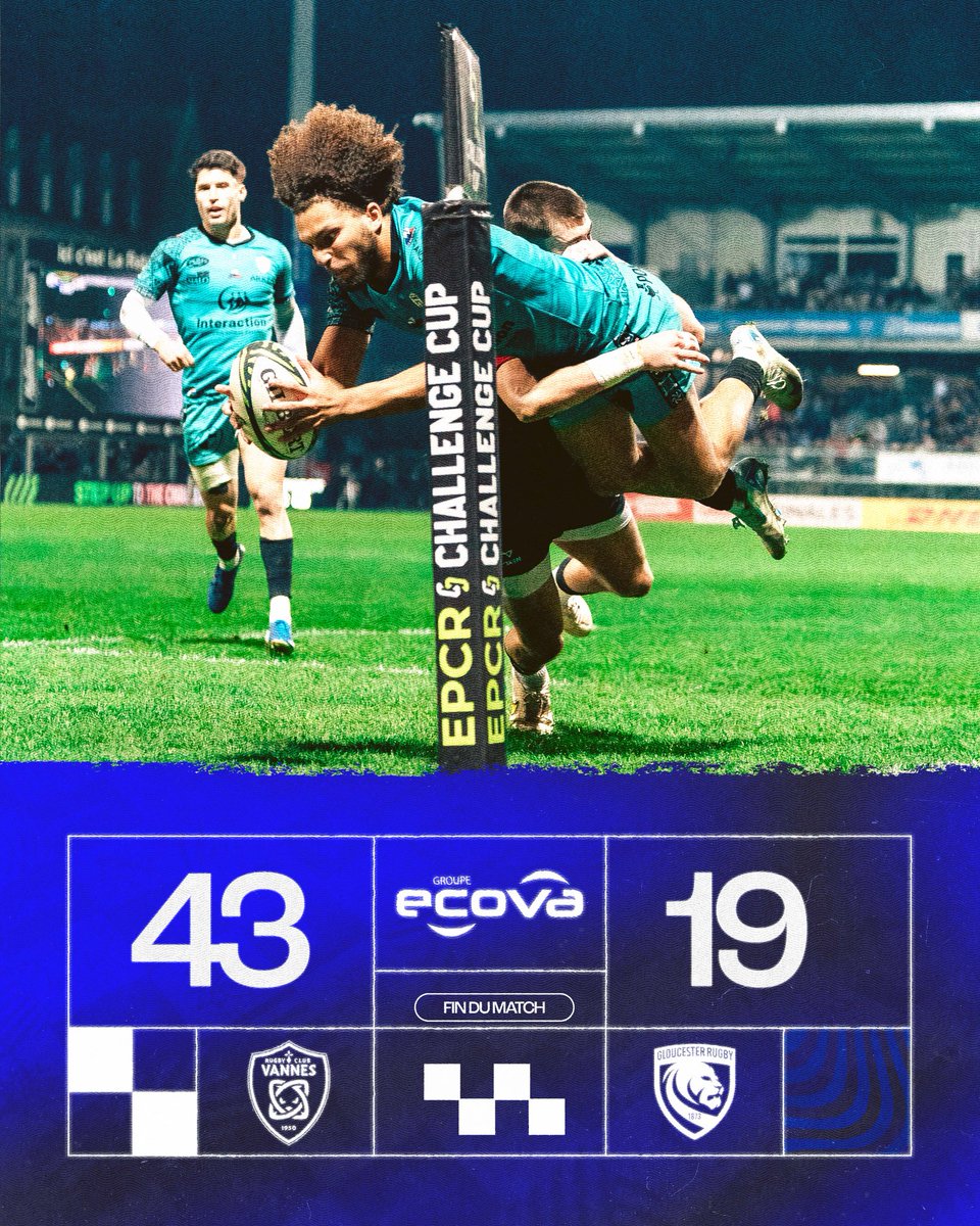 𝐏𝐫𝐞𝐦𝐢𝐞̀𝐫𝐞 𝐯𝐢𝐜𝐭𝐨𝐢𝐫𝐞 𝐞𝐮𝐫𝐨𝐩𝐞́𝐞𝐧𝐧𝐞 ✨

Nos Vannetais s’imposent avec le bonus offensif face à <a href="/gloucesterrugby/">Gloucester Rugby 🍒</a> et signent le premier succès continental dans l’histoire du club. 

𝐁𝐫𝐚𝐯𝐨 𝐌𝐞𝐬𝐬𝐢𝐞𝐮𝐫𝐬 💙

#FiertéBretonne