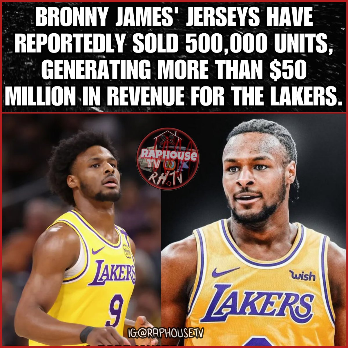 raphousetv2's tweet photo. Bronny James' Jerseys Have Reportedly Sold 500,000 Units, Generating More Than $50 Million In Revenue For The Lakers. https://t.co/OtKgmP8Mhs