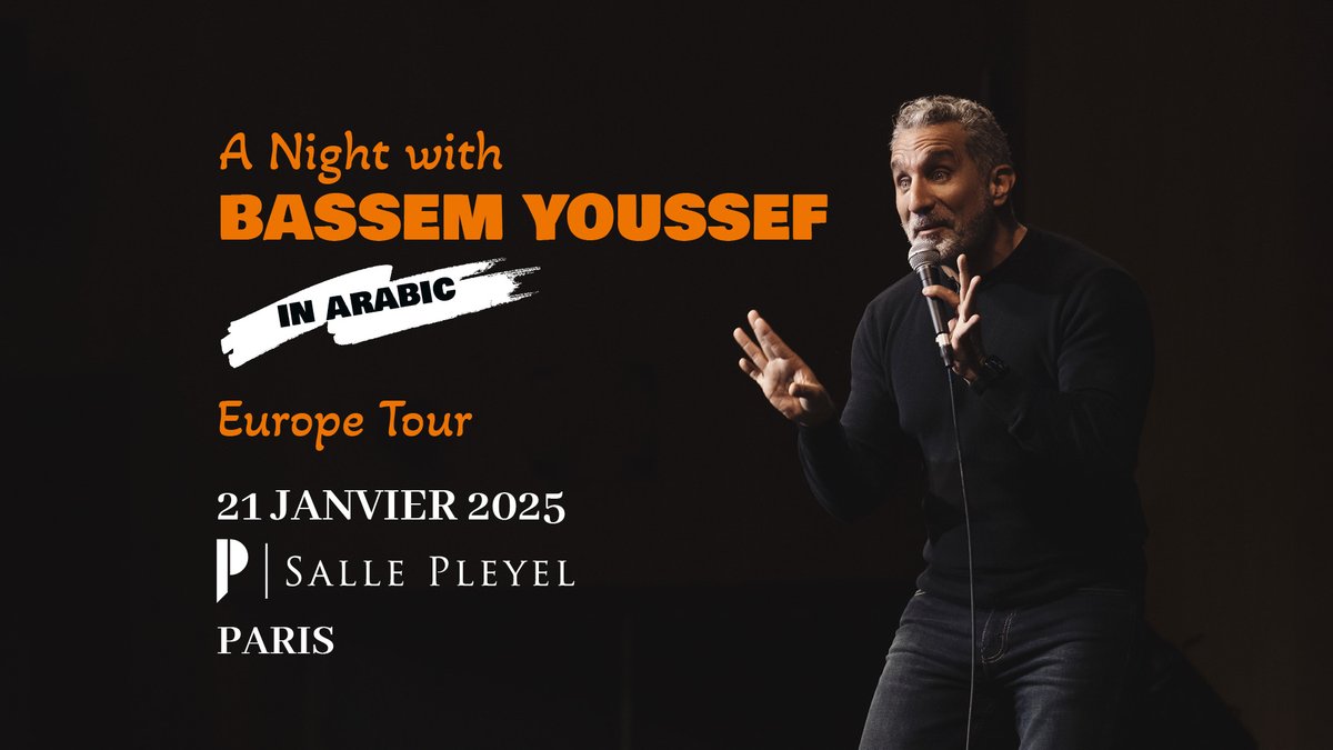 sallepleyel's tweet image. 🚨[MISE EN VENTE]🚨
Préparez-vous à une soirée exceptionnelle avec Bassem Youssef le maître de la satire à l’humour percutant, des punchlines mémorables et des rires garantis ! Rendez-vous le 21.01.25 à la Salle Pleyel. 

ℹ️ Spectacle en langue arabe 
🎫 tinyurl.com/58hxrtca