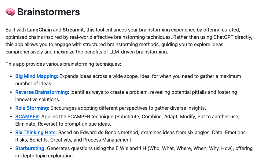 LangChain's tweet photo. 🧠 Brainstormers

One of my main use cases for LLMs is brainstorming.

This tool enhances your brainstorming experience by offering curated, optimized chains inspired by real-world effective brainstorming techniques.

https://t.co/jjMXAN58OT https://t.co/yD2QHI9D5H